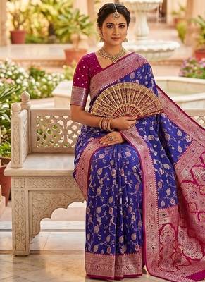 Festive violet banarasi silk blend saree with colorful meenakari border 4
