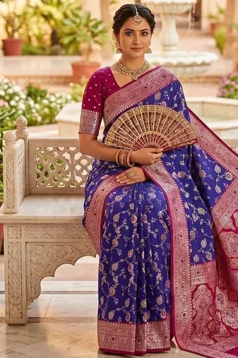 Festive violet banarasi silk blend saree with colorful meenakari border