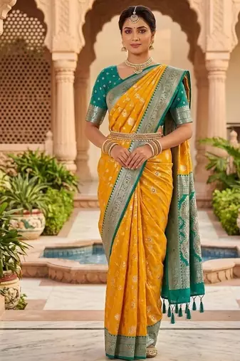Festive yellow banarasi silk blend saree with colorful meenakari border