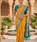 Festive yellow banarasi silk blend saree with colorful meenakari border