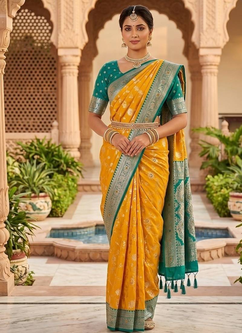 Festive yellow banarasi silk blend saree with colorful meenakari border