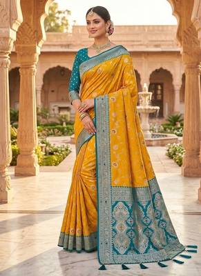 Festive yellow banarasi silk blend saree with colorful meenakari border 3