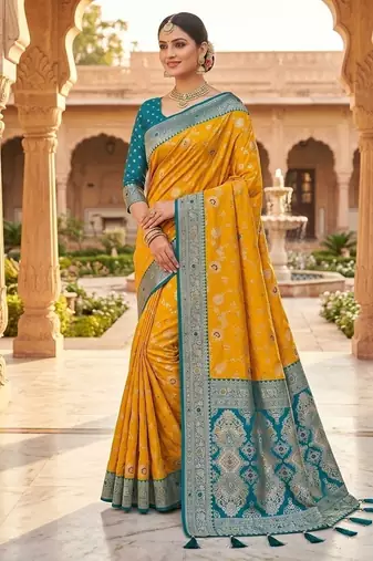 Festive yellow banarasi silk blend saree with colorful meenakari border
