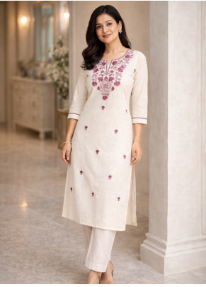 White Embroidered Cotton Kurta & Pant Set 1