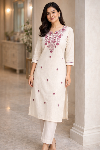 White Embroidered Cotton Kurta & Pant Set