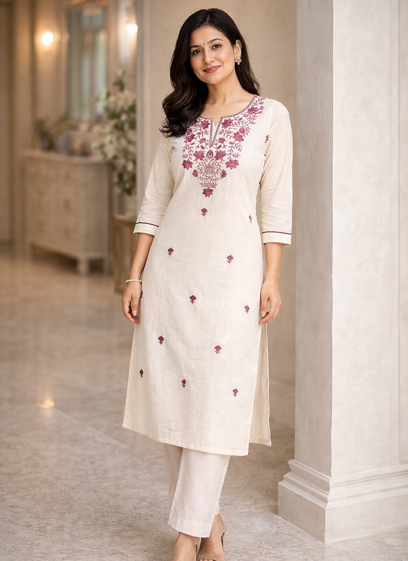 White Embroidered Cotton Kurta & Pant Set