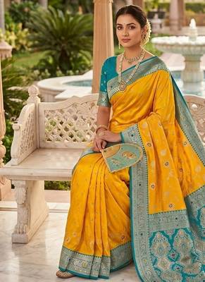 Festive yellow banarasi silk blend saree with colorful meenakari border 4