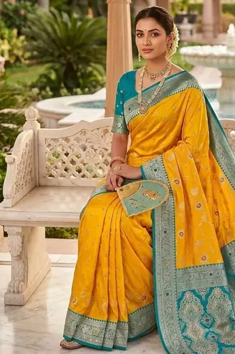 Festive yellow banarasi silk blend saree with colorful meenakari border