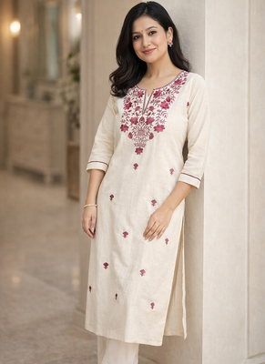 White Embroidered Cotton Kurta & Pant Set 2