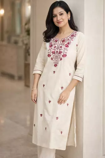 White Embroidered Cotton Kurta & Pant Set