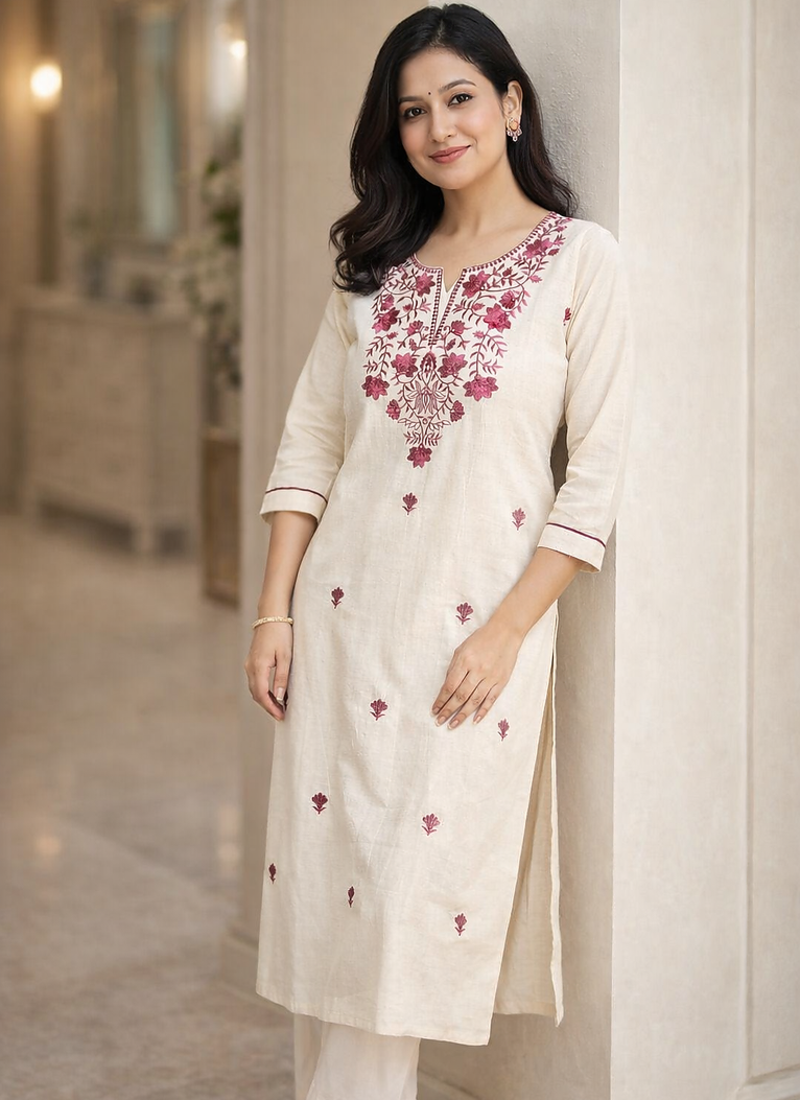 White Embroidered Cotton Kurta & Pant Set