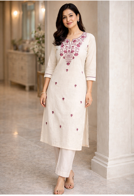 White Embroidered Cotton Kurta & Pant Set 3