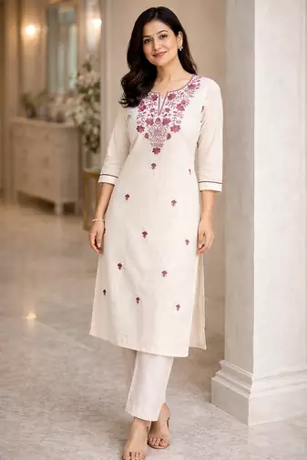 White Embroidered Cotton Kurta & Pant Set