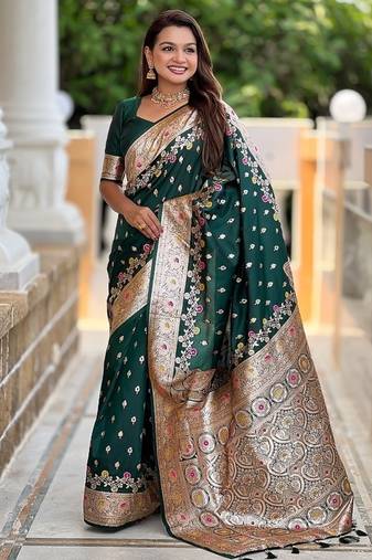 Green soft banarasi silk blend saree with meenakari zari weaving