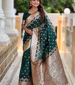 Green soft banarasi silk blend saree with meenakari zari weaving