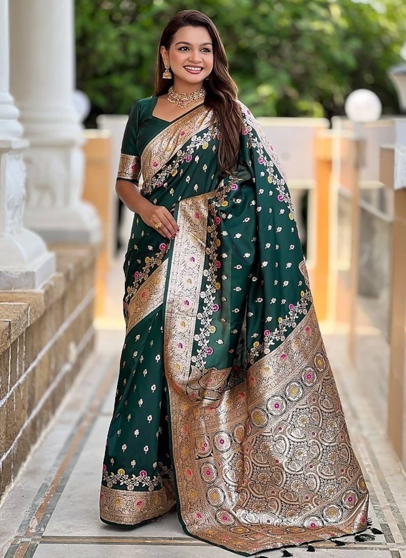 Green soft banarasi silk blend saree with meenakari zari weaving