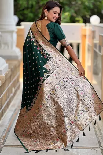 Green soft banarasi silk blend saree with meenakari zari weaving