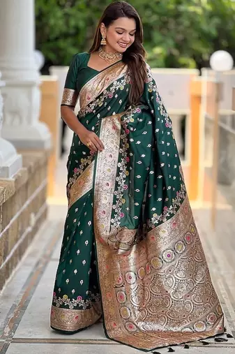 Green soft banarasi silk blend saree with meenakari zari weaving