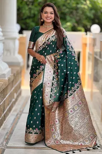Green soft banarasi silk blend saree with meenakari zari weaving