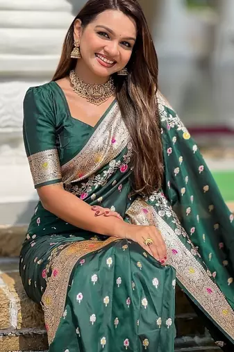 Green soft banarasi silk blend saree with meenakari zari weaving