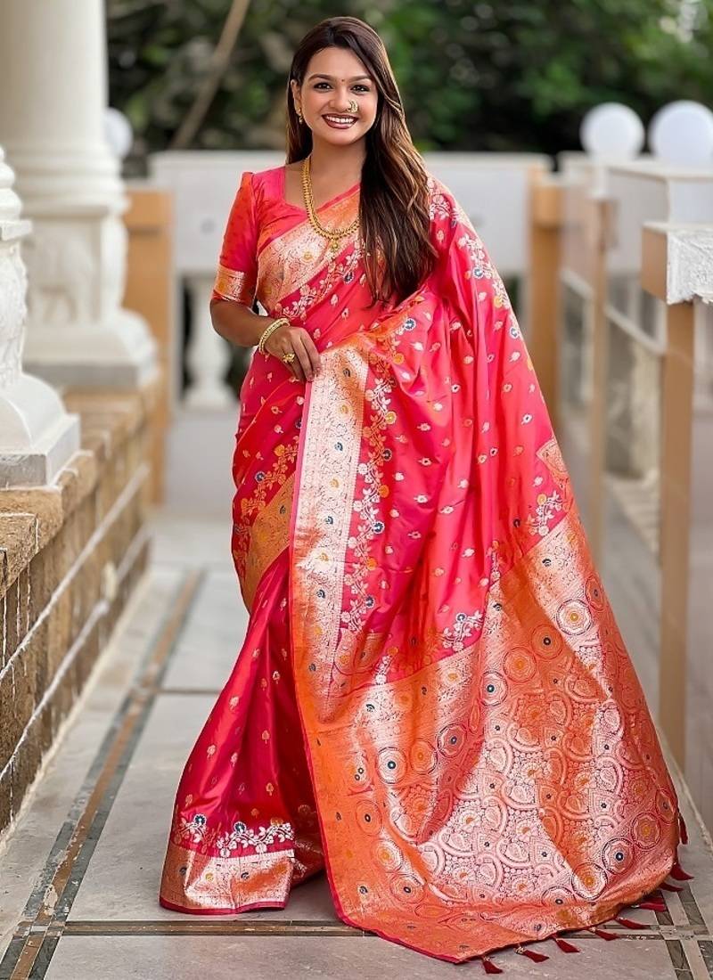 Gajari soft banarasi silk blend saree with meenakari zari weaving
