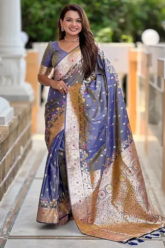 Grey soft banarasi silk blend saree with meenakari zari weaving