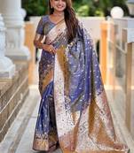 Grey soft banarasi silk blend saree with meenakari zari weaving