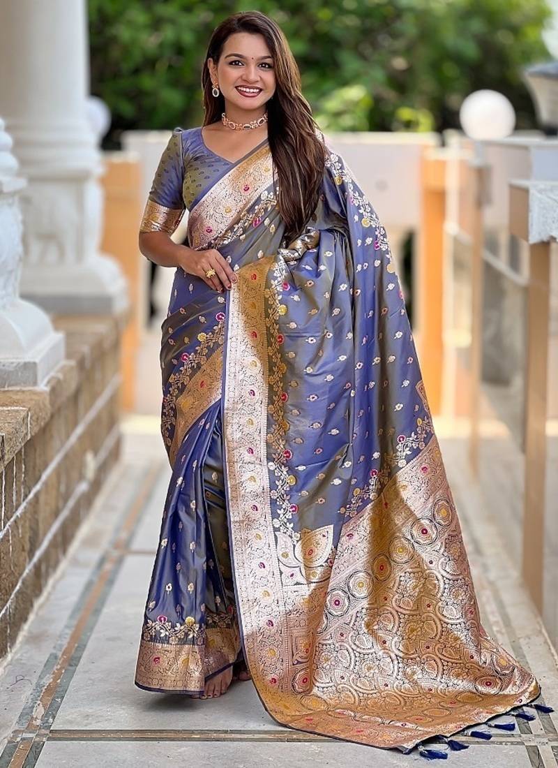 Grey soft banarasi silk blend saree with meenakari zari weaving