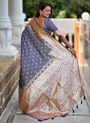 Grey soft banarasi silk blend saree with meenakari zari weaving 2