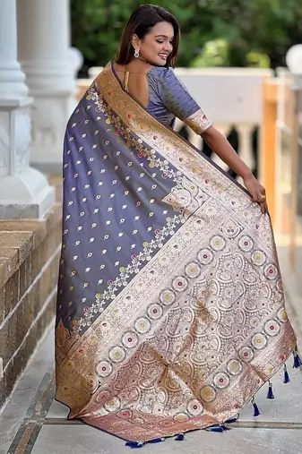 Grey soft banarasi silk blend saree with meenakari zari weaving