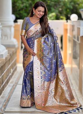 Grey soft banarasi silk blend saree with meenakari zari weaving 3