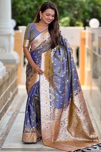 Grey soft banarasi silk blend saree with meenakari zari weaving