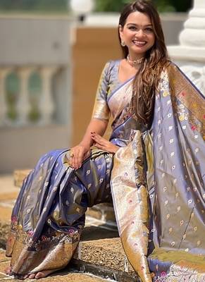 Grey soft banarasi silk blend saree with meenakari zari weaving 4