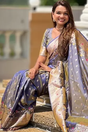 Grey soft banarasi silk blend saree with meenakari zari weaving