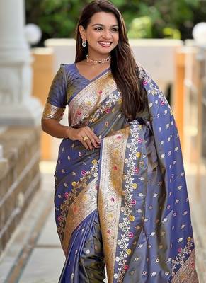 Grey soft banarasi silk blend saree with meenakari zari weaving 5
