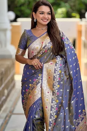 Grey soft banarasi silk blend saree with meenakari zari weaving