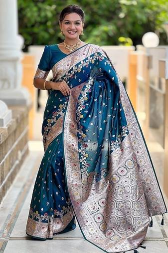 Teal soft banarasi silk blend saree with meenakari zari weaving