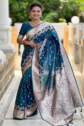 Teal soft banarasi silk blend saree with meenakari zari weaving