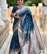 Teal soft banarasi silk blend saree with meenakari zari weaving