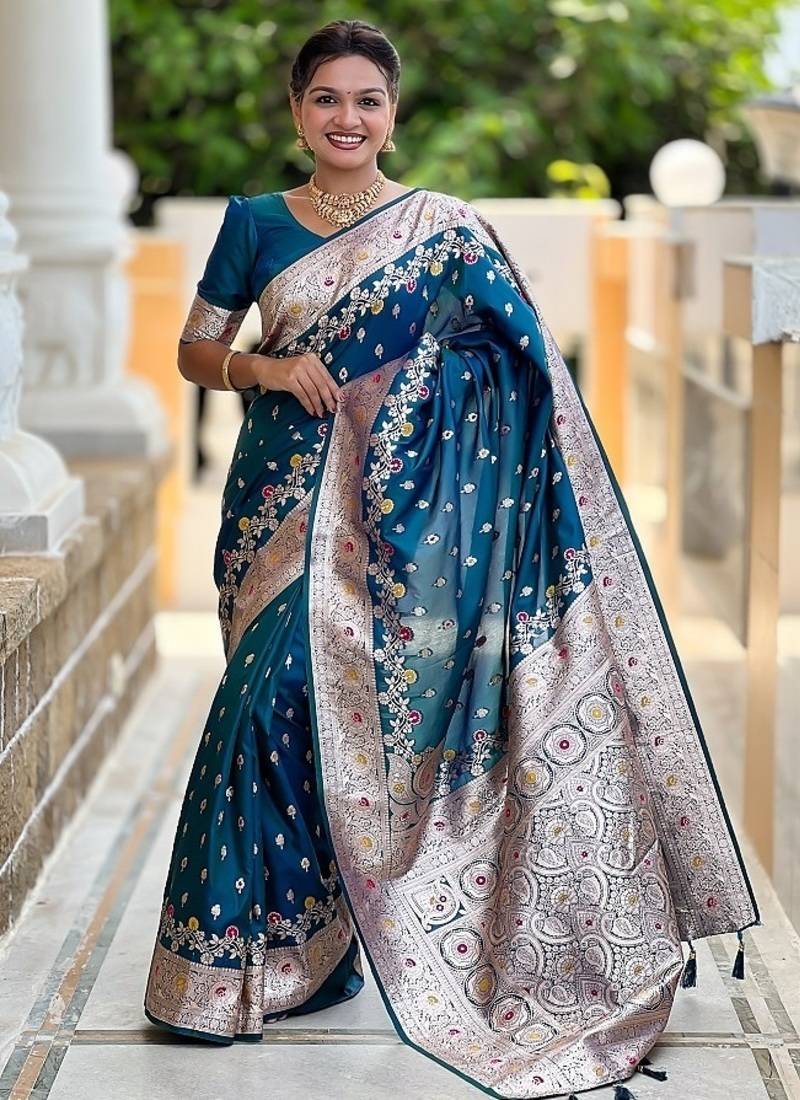 Teal soft banarasi silk blend saree with meenakari zari weaving