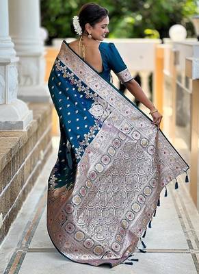 Teal soft banarasi silk blend saree with meenakari zari weaving 2