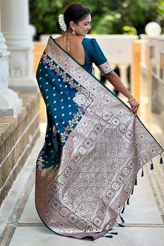 Teal soft banarasi silk blend saree with meenakari zari weaving