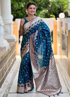 Teal soft banarasi silk blend saree with meenakari zari weaving 3