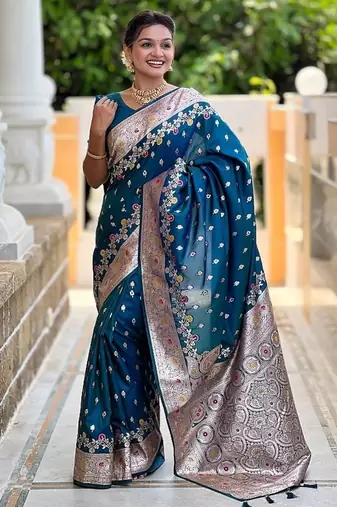 Teal soft banarasi silk blend saree with meenakari zari weaving