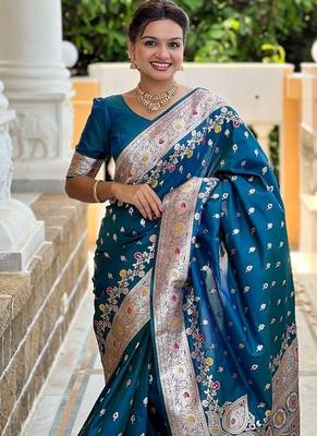 Teal soft banarasi silk blend saree with meenakari zari weaving 5