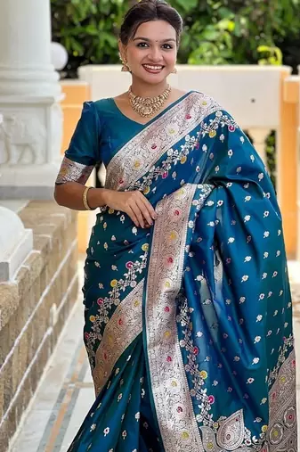 Teal soft banarasi silk blend saree with meenakari zari weaving