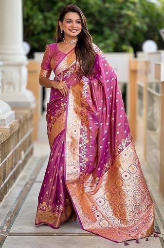 Onionpink soft banarasi silk blend saree with meenakari zari weaving
