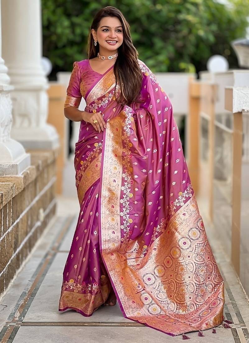 Onionpink soft banarasi silk blend saree with meenakari zari weaving