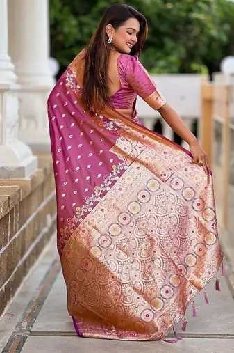 Onionpink soft banarasi silk blend saree with meenakari zari weaving