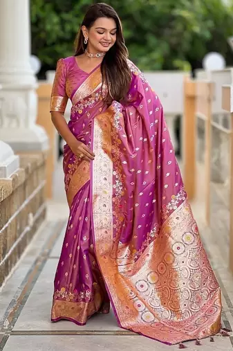 Onionpink soft banarasi silk blend saree with meenakari zari weaving